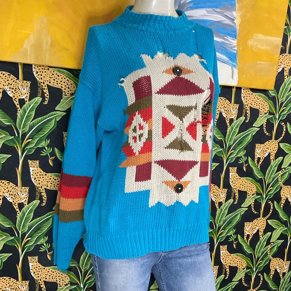 SOLD Grungy vintage southwestern knit pullover sweater OSFM - Picture 2 of 12